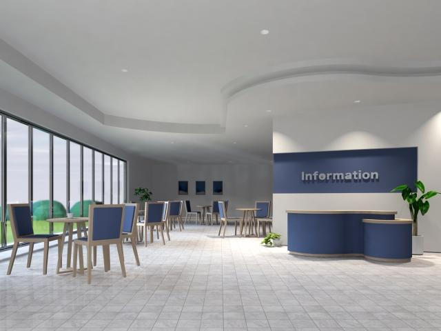 広いオフィスエントランスの写真。Infomationという立体文字の壁面看板が特徴的。