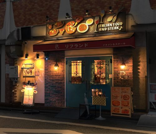 イタリア料理店-スタイリッシュな看板-夜の外観